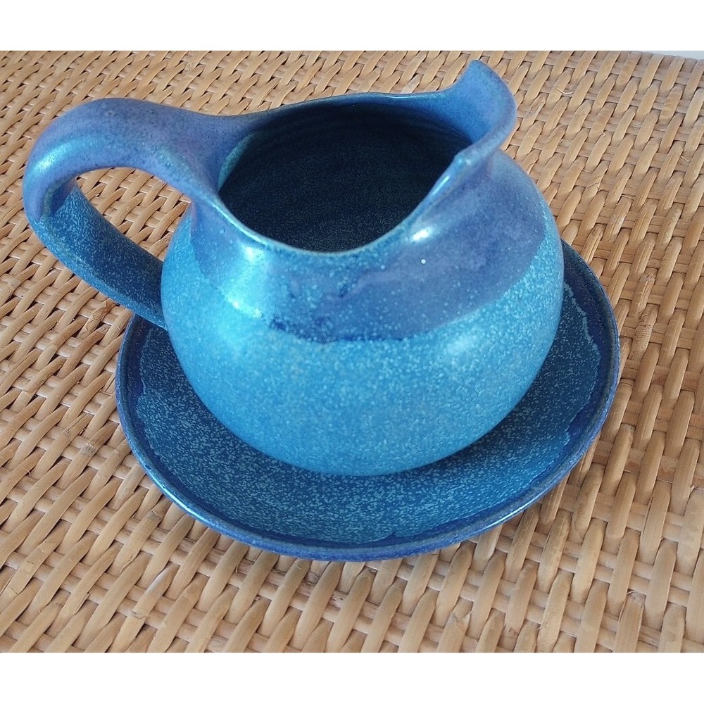 VTG 1980s USA Studio Art Pottery Ceramic Gravy Boat W/Plate Blue/Purple EUC